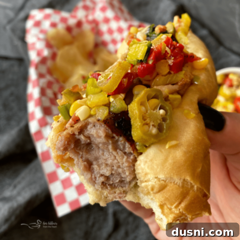 Zesty Okra Delight 9 Pickled Okra Relish on a burger with a side of chips