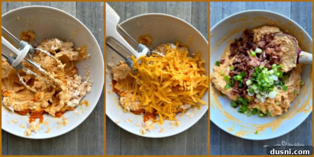 Ingredients for Savory Pumpkin Cheese Dip with Bacon laid out: cream cheese, pumpkin puree, shredded cheddar, bacon, green onions, and spices.