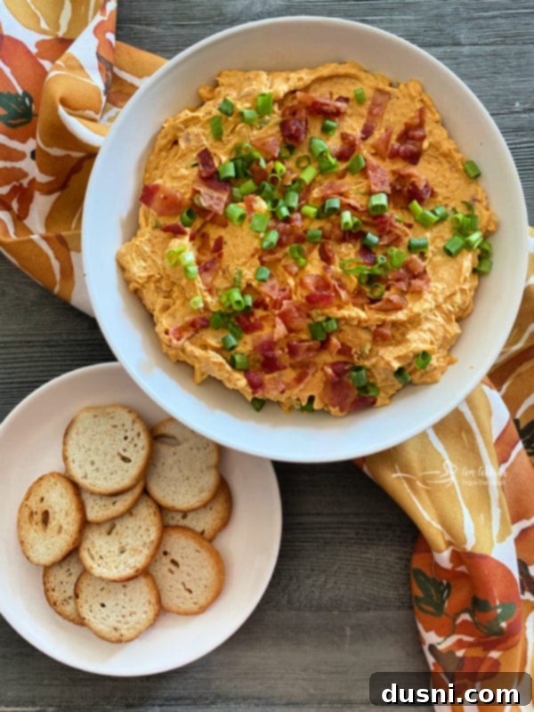 Savory Pumpkin Cheese Dip with Bacon in a white bowl, viewed from above, with crackers arranged around it.
