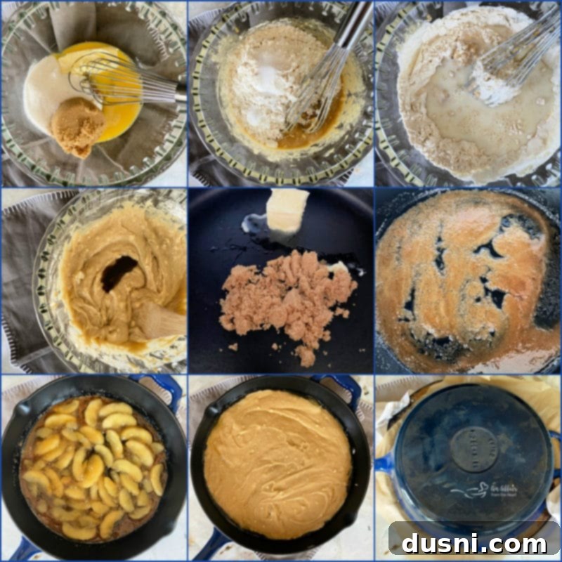 Collage showing nine steps of making apple upside down cake, from mixing ingredients to flipping the baked cake.