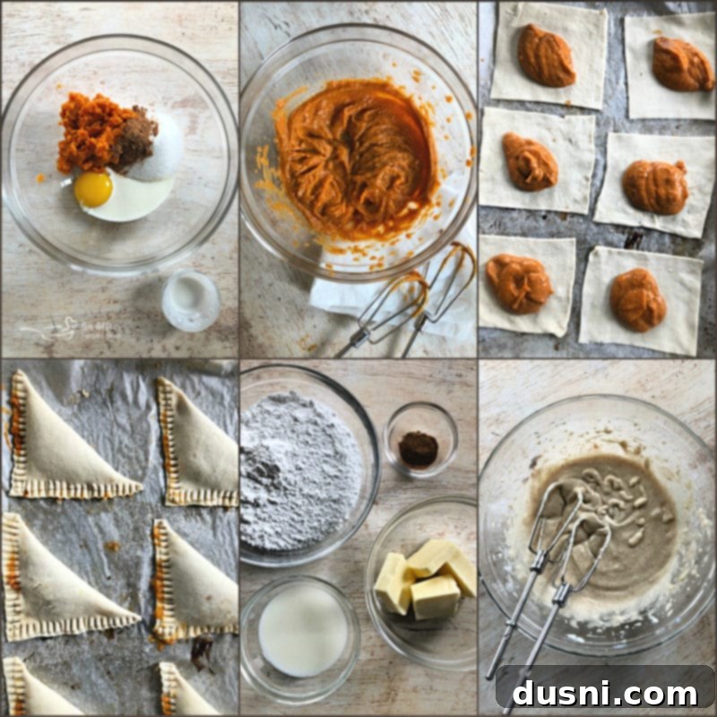 Hand assembling pumpkin pie turnovers on a parchment-lined baking sheet