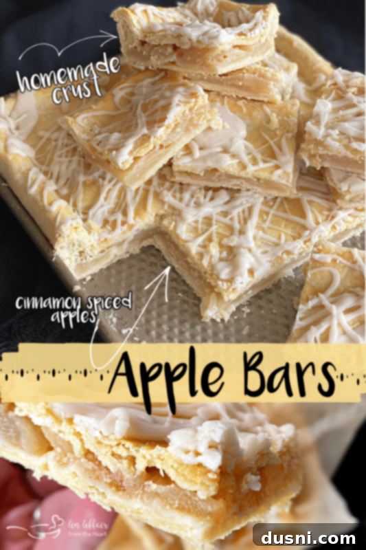 Effortless Apple Crumble Bars 8 Pinterest pin image for Homemade Apple Bars recipe, showing a single slice on a white plate with a fork, emphasizing the flaky crust and glazed topping.