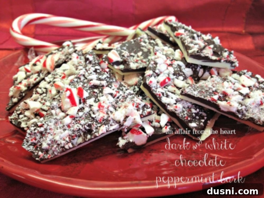 Side view of festive peppermint bark on a red plate, adorned with whole candy canes and prominent text "dark and white chocolate peppermint bark"