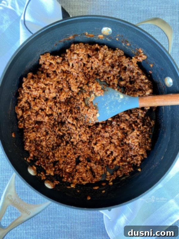 Cereal fully coated in chocolate marshmallow mixture