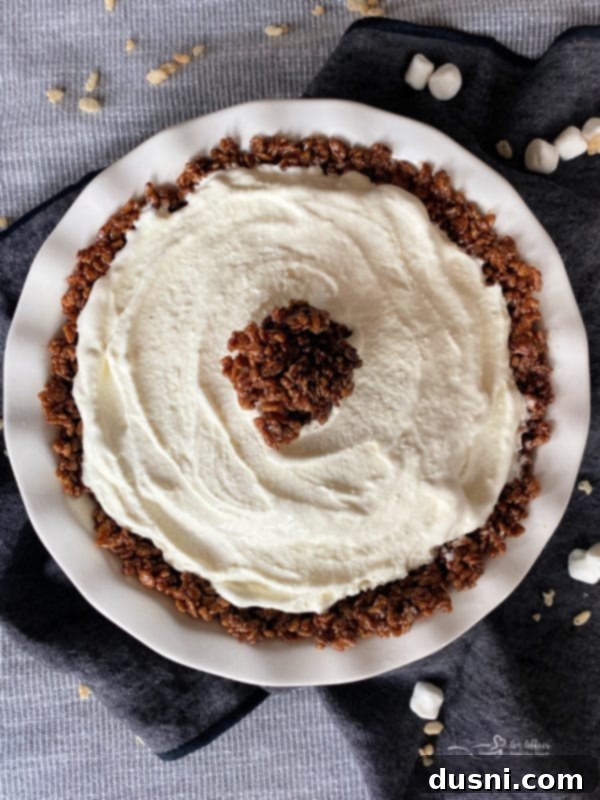 Finished Chocolate Marshmallow Pie Crust with ice cream and garnish