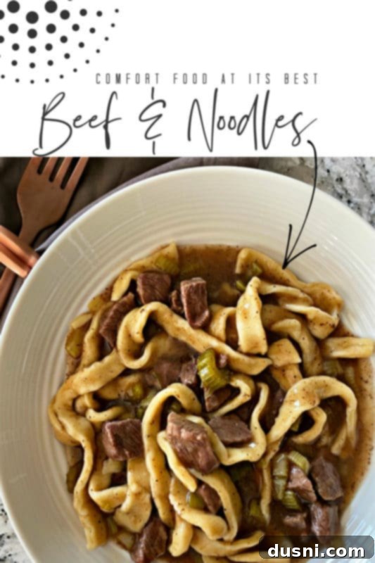 Pinterest graphic featuring a delicious bowl of Beef & Noodles with a 'PIN IT' call to action, encouraging users to save the recipe for later.