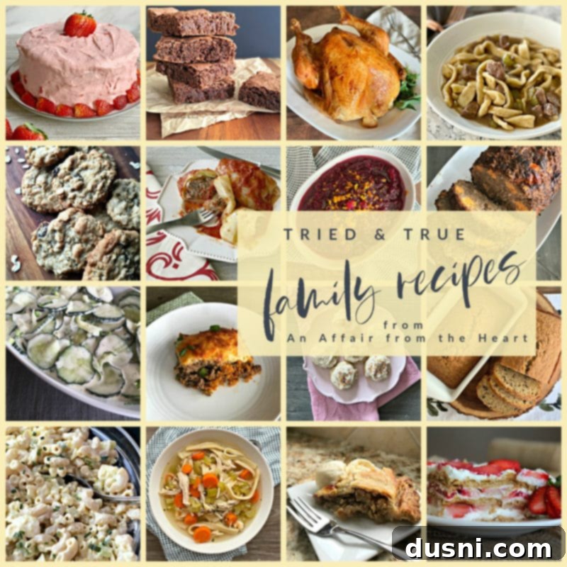 A collage of various home-cooked dishes, labeled 'Tried & True Family Recipes,' representing a collection of cherished and reliable family meals.