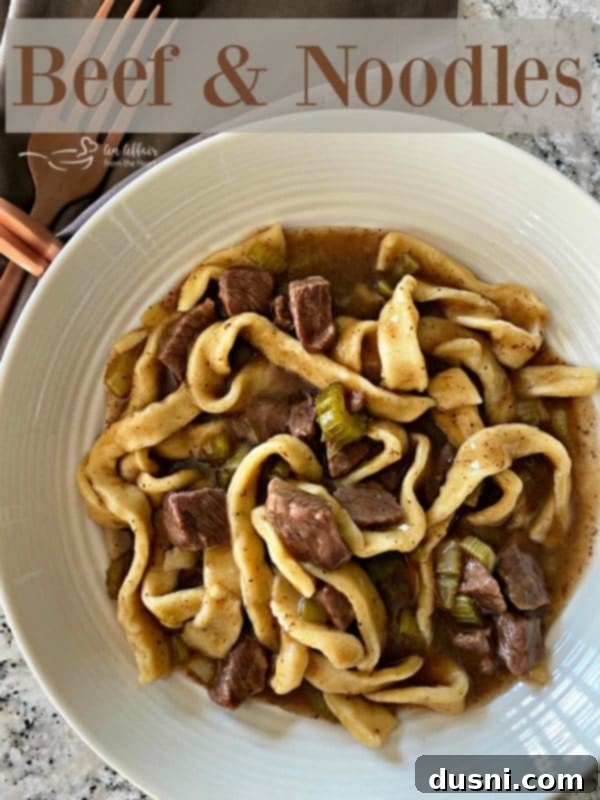 A vibrant Pinterest promotional graphic showcasing a mouth-watering bowl of Beef & Noodles, designed to capture attention and encourage sharing.