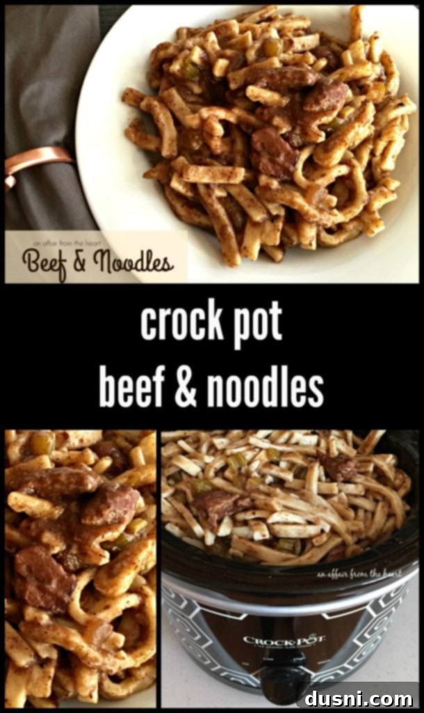A slow cooker filled with hearty Beef & Noodles, showcasing the convenience and ease of preparing this dish with a 'set it and forget it' method.
