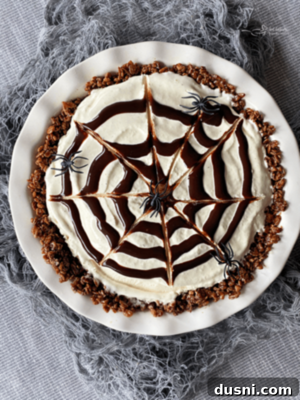 Close-up of a Spider Web Ice Cream Pie with a chocolate web and plastic spiders