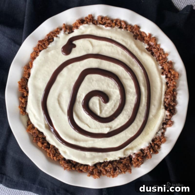 Chocolate syrup swirled on top of a frozen vanilla ice cream pie, ready for webbing