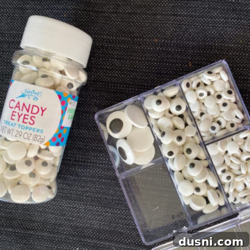 Sweet Gaze Chocolate Sugar Cookies 8 Chocolate sugar cookies with various sized candy eyeballs, showcasing different looks.