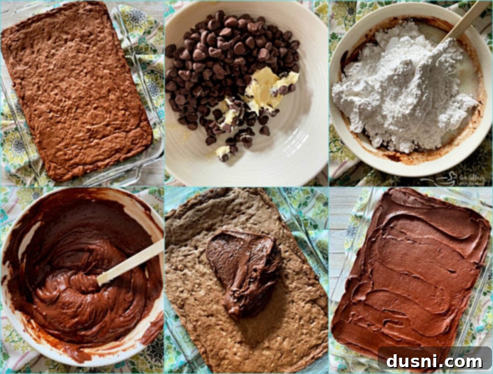 Ultimate Chocolate Banana Bars 6 Collage of Chocolate Banana Bar frosting ingredients and application