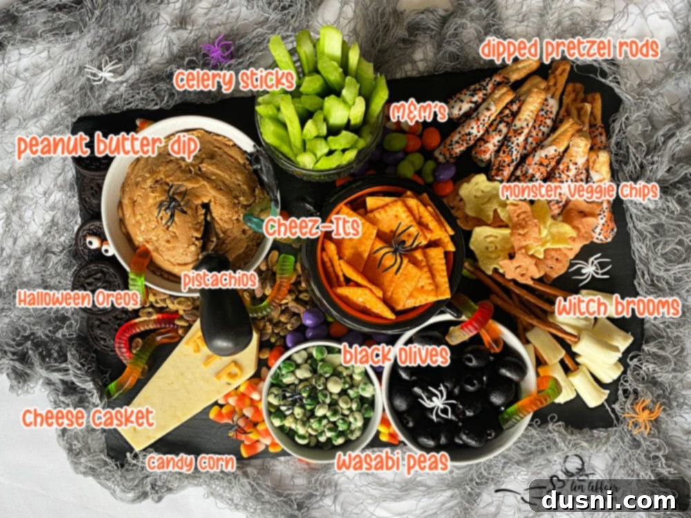A Hauntingly Delicious Halloween Spread Sweet Savory and Peanut Butter Dip 4 A Halloween snack board with labels pointing to each sweet and savory item, including the peanut butter dip, witch brooms, and various candies.