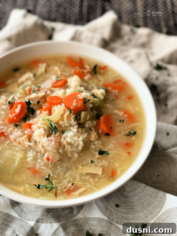 Close up view of the finished Instant Pot Chicken and Rice Soup