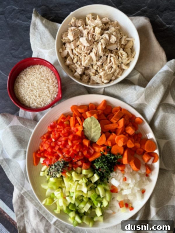 Ingredients for Instant Pot Chicken and Rice Soup laid out
