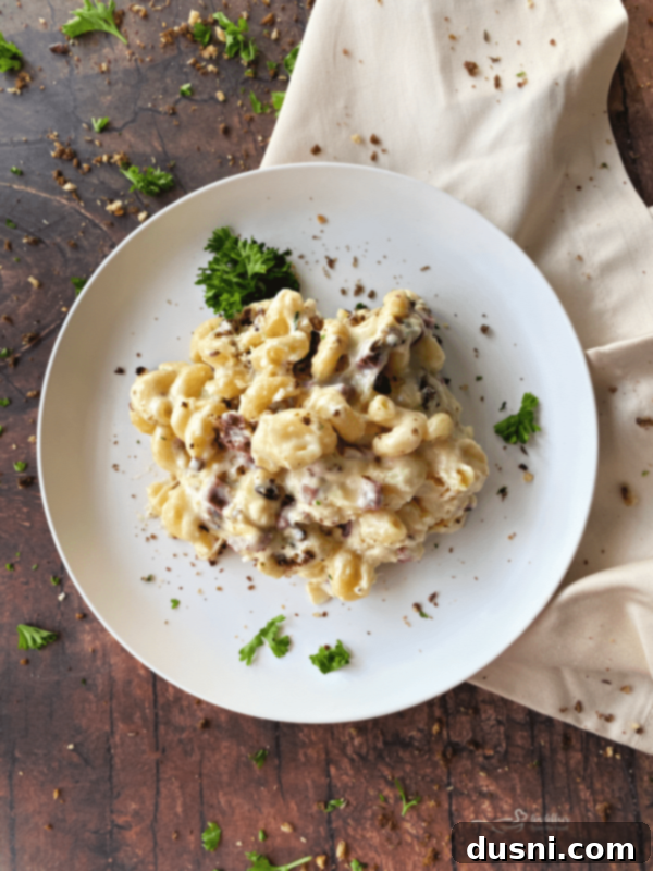 Overhead shot of Reuben Mac 'n Cheese in a baking dish, ready to be served.