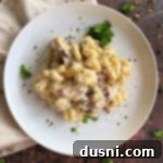 Overhead of Reuben Mac n Cheese on white plate