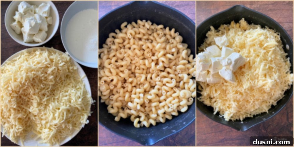 Ingredients for Reuben Mac 'n Cheese laid out, including cooked pasta, cheeses, corned beef, and sauerkraut.