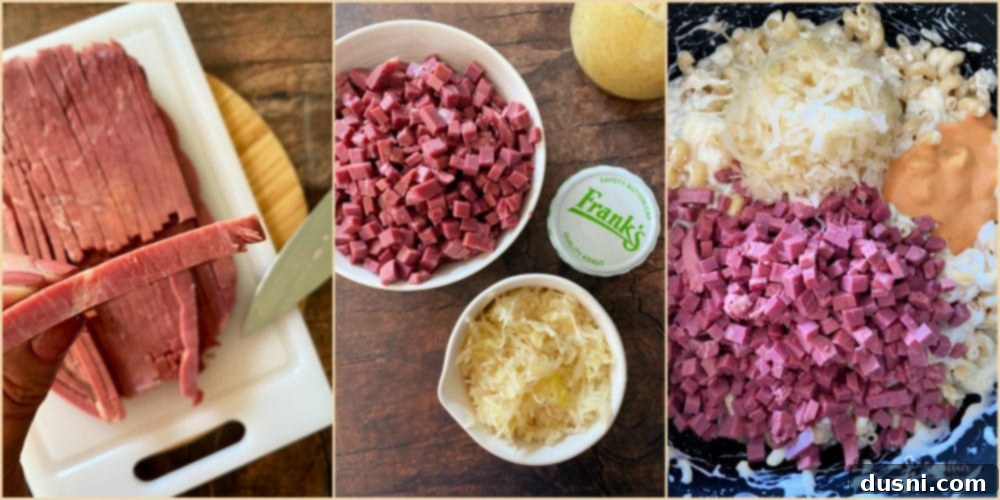 Mixing corned beef, sauerkraut, and Thousand Island dressing into the cheesy pasta.