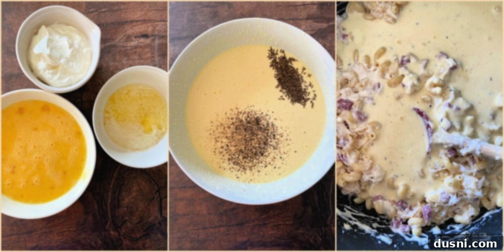 Whisking eggs, sour cream, melted butter, pepper, and caraway seeds.