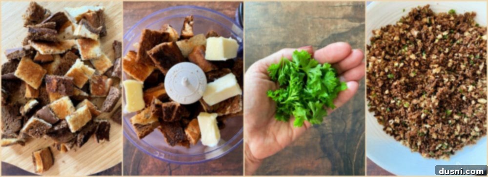 Toasted rye bread, parsley, and butter ready for the food chopper to make bread crumbs.