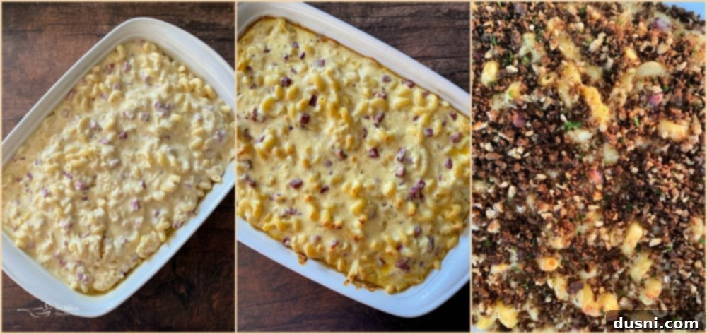 Reuben Mac 'n Cheese spread into a baking dish, ready for baking.
