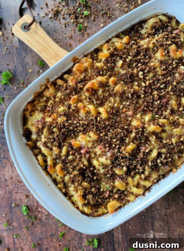 Reuben Mac 'n Cheese fresh out of the oven, golden and bubbly.