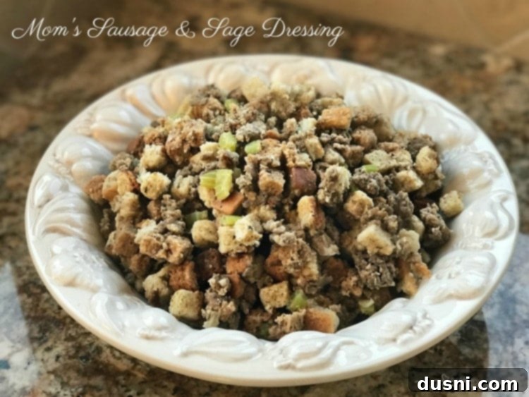 Mom's Pork Sausage and Sage Dressing 15 A festive serving dish filled with Grandma's Sausage & Sage Stuffing, a centerpiece for any holiday meal.