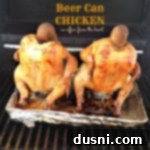 2 chickens on a grill with text "beer can chicken"