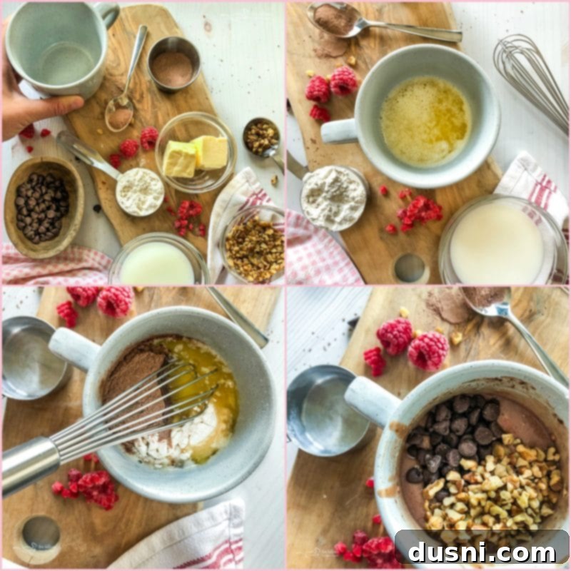 Easy Mug Brownie 6 Collage showing steps for preparing a mug brownie: melting butter, mixing ingredients, adding chips