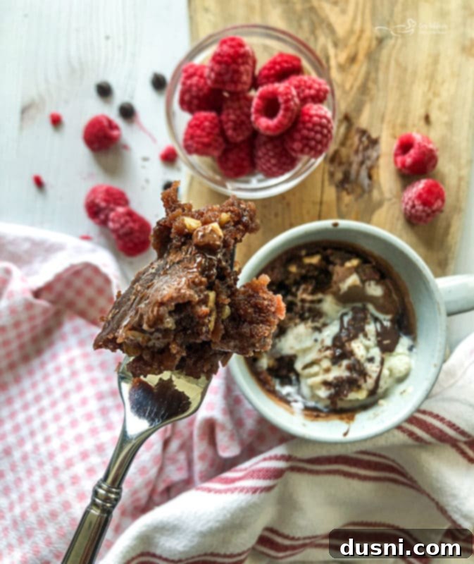 Easy Mug Brownie 8 A close-up of a brownie in a mug, highlighting its rich, fudgy texture