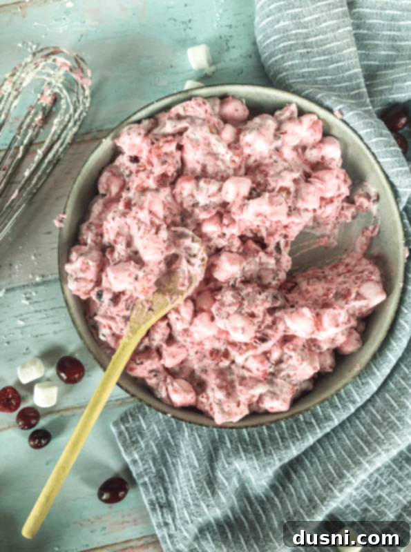 Cranberry Fluff Salad served in a clear glass bowl, showcasing its pink color, fluffy texture, and fresh cranberry garnish.