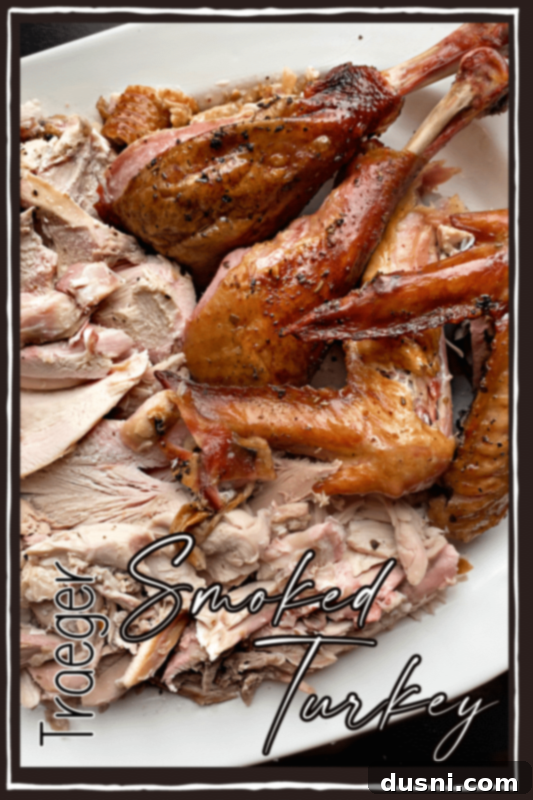 Close-up of a carved smoked turkey on a platter with herbs, featuring the text 'TRAEGER SMOKED TURKEY - An Affair from the Heart'