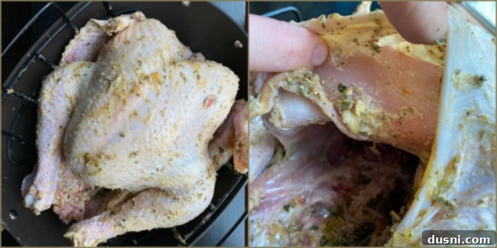 Collage showing the process of rubbing herb butter onto a turkey placed in a roasting pan