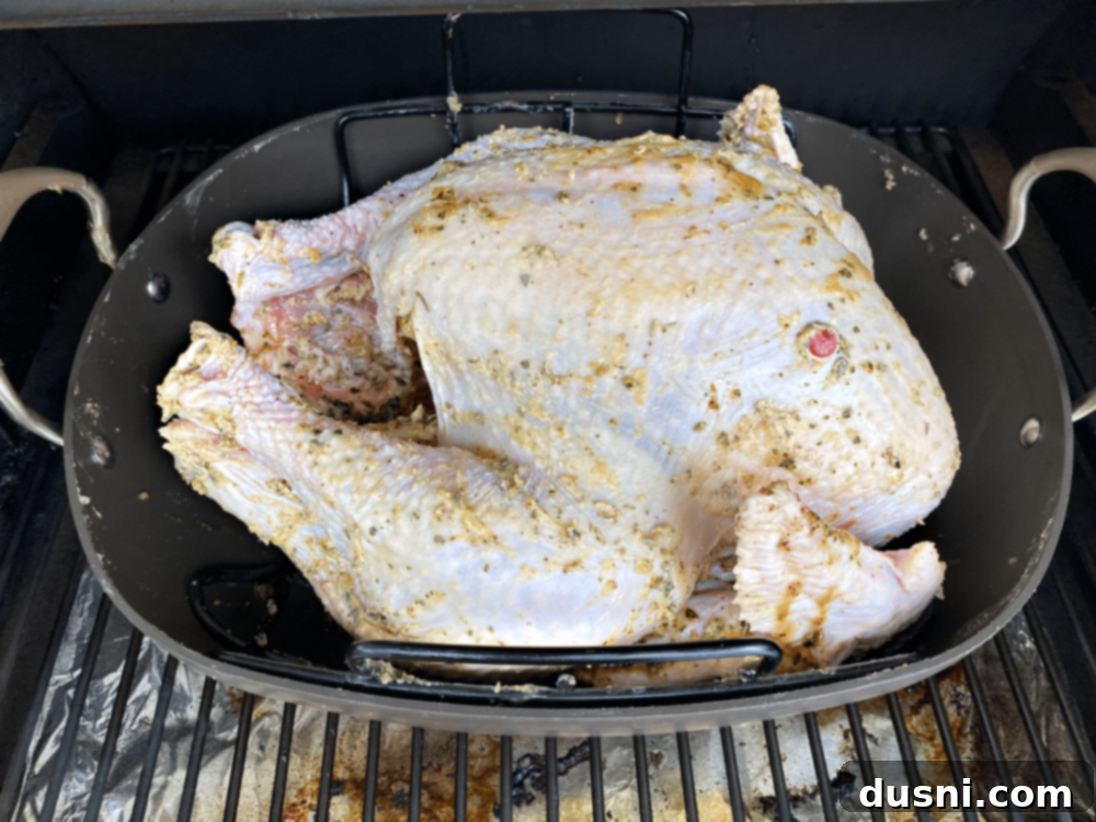 A turkey covered in rub, placed on a rack inside a roasting pan on a Traeger grill