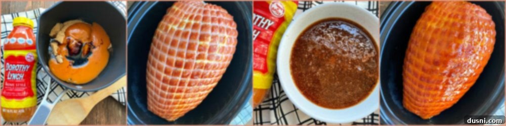 Perfectly Glazed Slow Cooker Ham 6 Collage showing the process of making Dorothy's Glazed Holiday Ham, from mixing the glaze to the ham in the slow cooker.