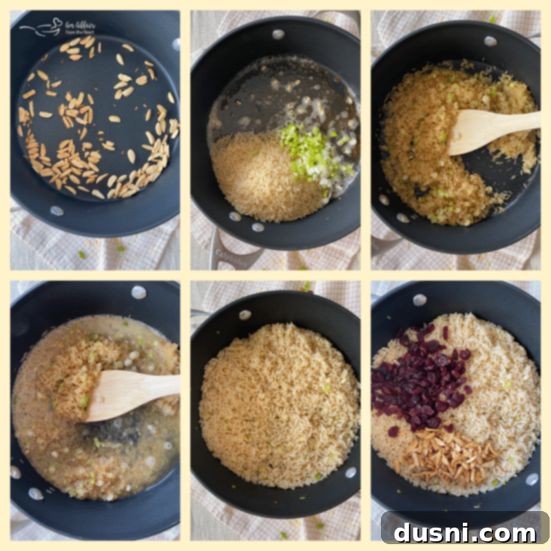 Step-by-step cooking process for rice pilaf showing almonds toasting, rice sautéing, and finished pilaf