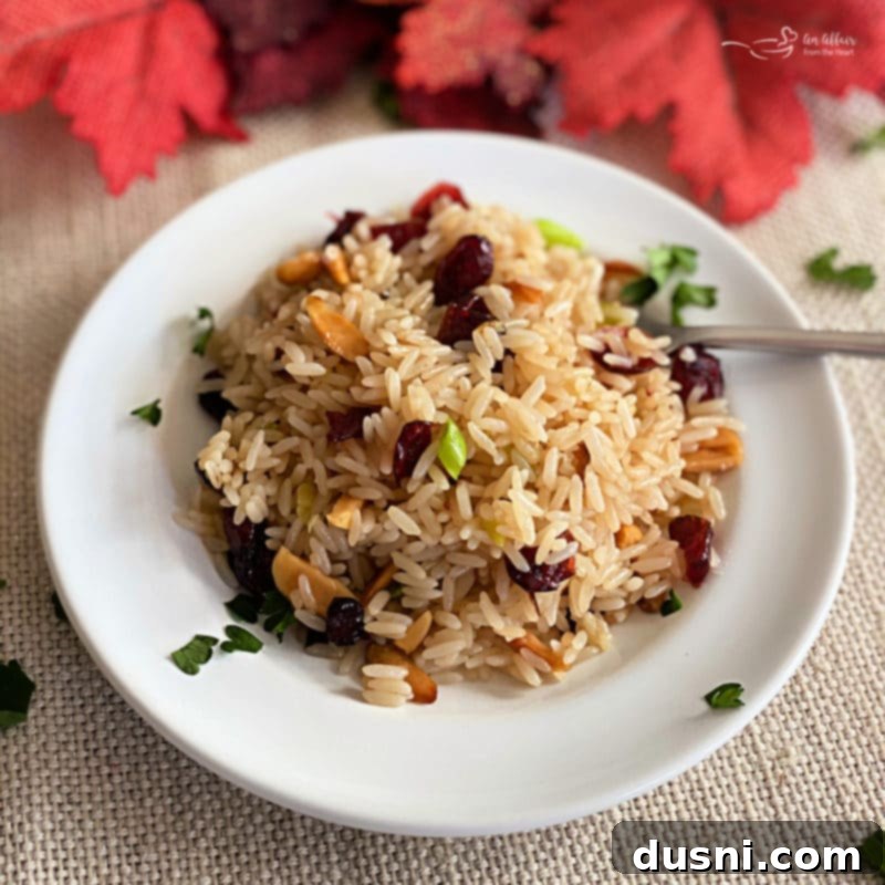 Beautifully plated rice pilaf with cranberries and almonds, garnished with fresh herbs