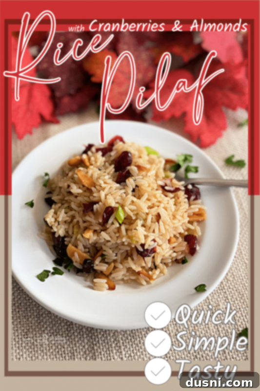 Overhead shot of rice pilaf with cranberries and almonds in a bowl with a spoon