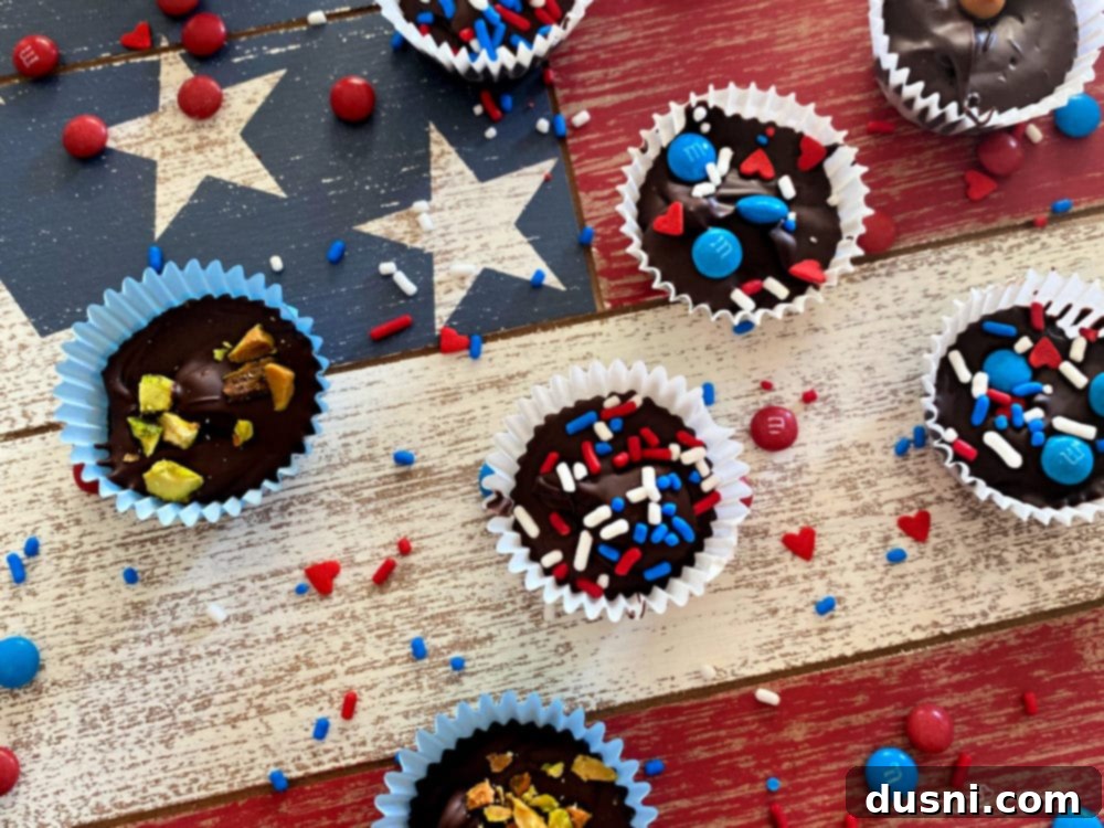 Decadent Homemade Chocolate Cups 2 Red, white, and blue chocolate candy cups decorated for Veteran's Day