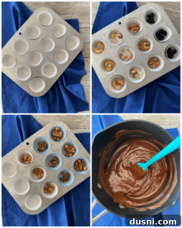 Decadent Homemade Chocolate Cups 6 Mini muffin tins lined with paper wrappers and filled with various ingredients