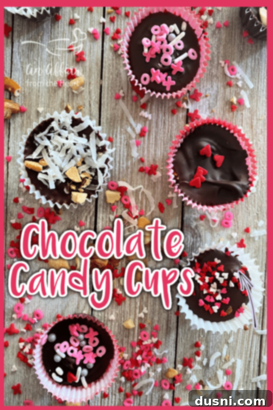 Decadent Homemade Chocolate Cups 8 Finished chocolate candy cups with various toppings set on a cooling rack