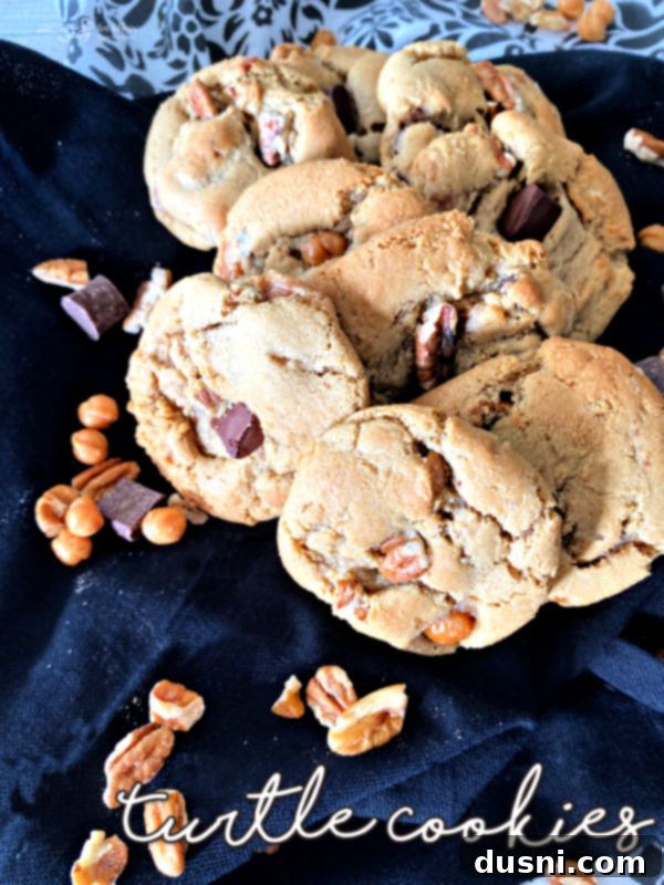 Gooey Turtle Delights 11 Turtle cookies on a plate with text overlay 'Let's get to the recipe'