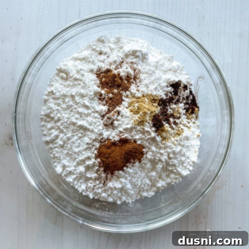 Dry ingredients for pumpkin bread: flour and spices