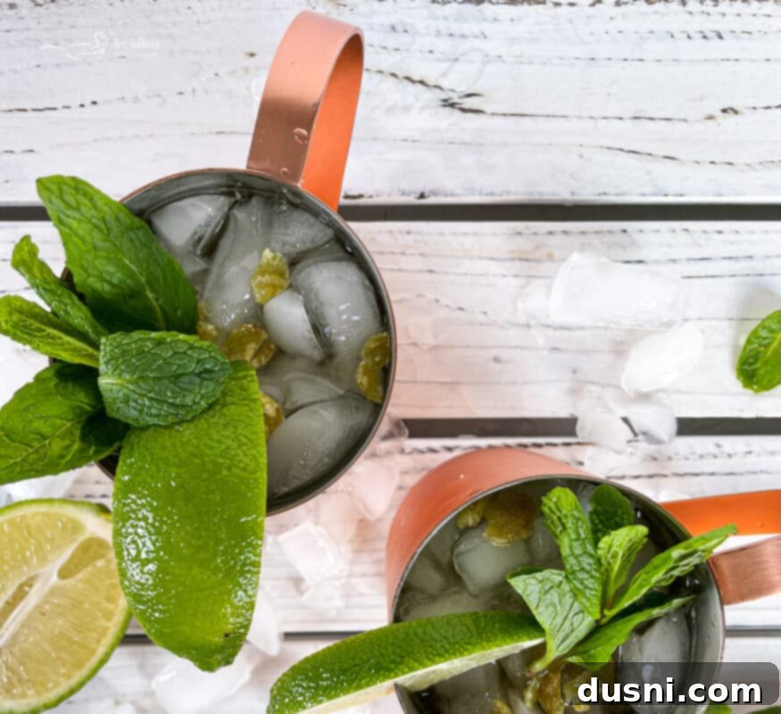 The Ginger Kick from Moscow 3 Two Moscow Mules in copper mugs with lime wedges and mint garnishes.