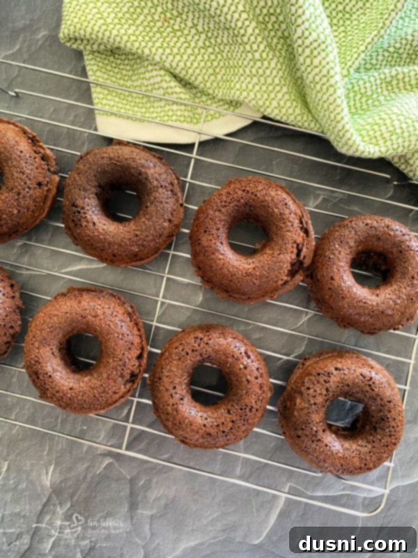 Baked chocolate kraut donuts cooling on a wire rack.