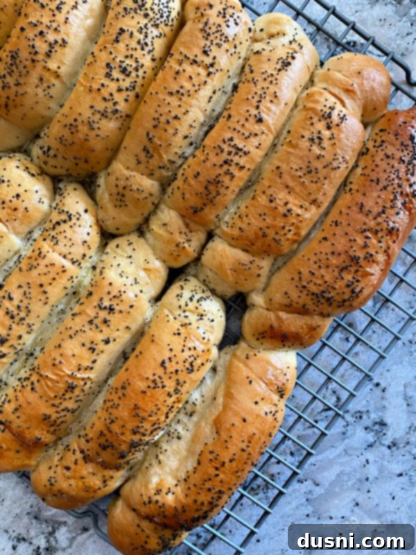 Close-up of golden brown poppy seed rolls, perfectly baked and ready to serve, a staple at holiday meals.