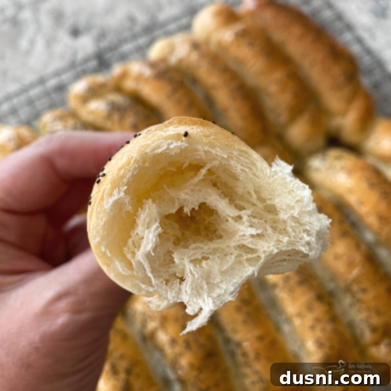 Close-up of fluffy, pull-apart poppy seed rolls, showcasing their soft interior.