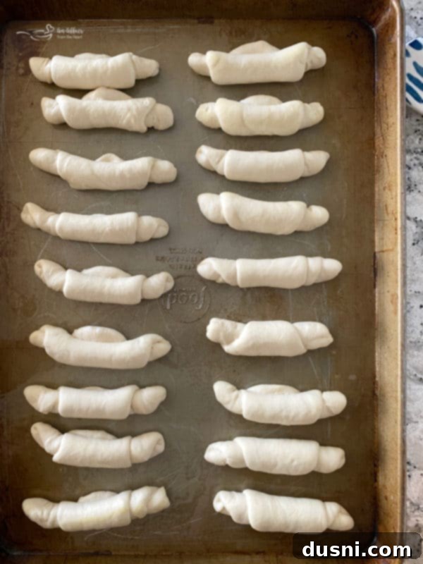 Eighteen shaped poppy seed rolls arranged on a baking sheet, seam-side down, with space to rise.